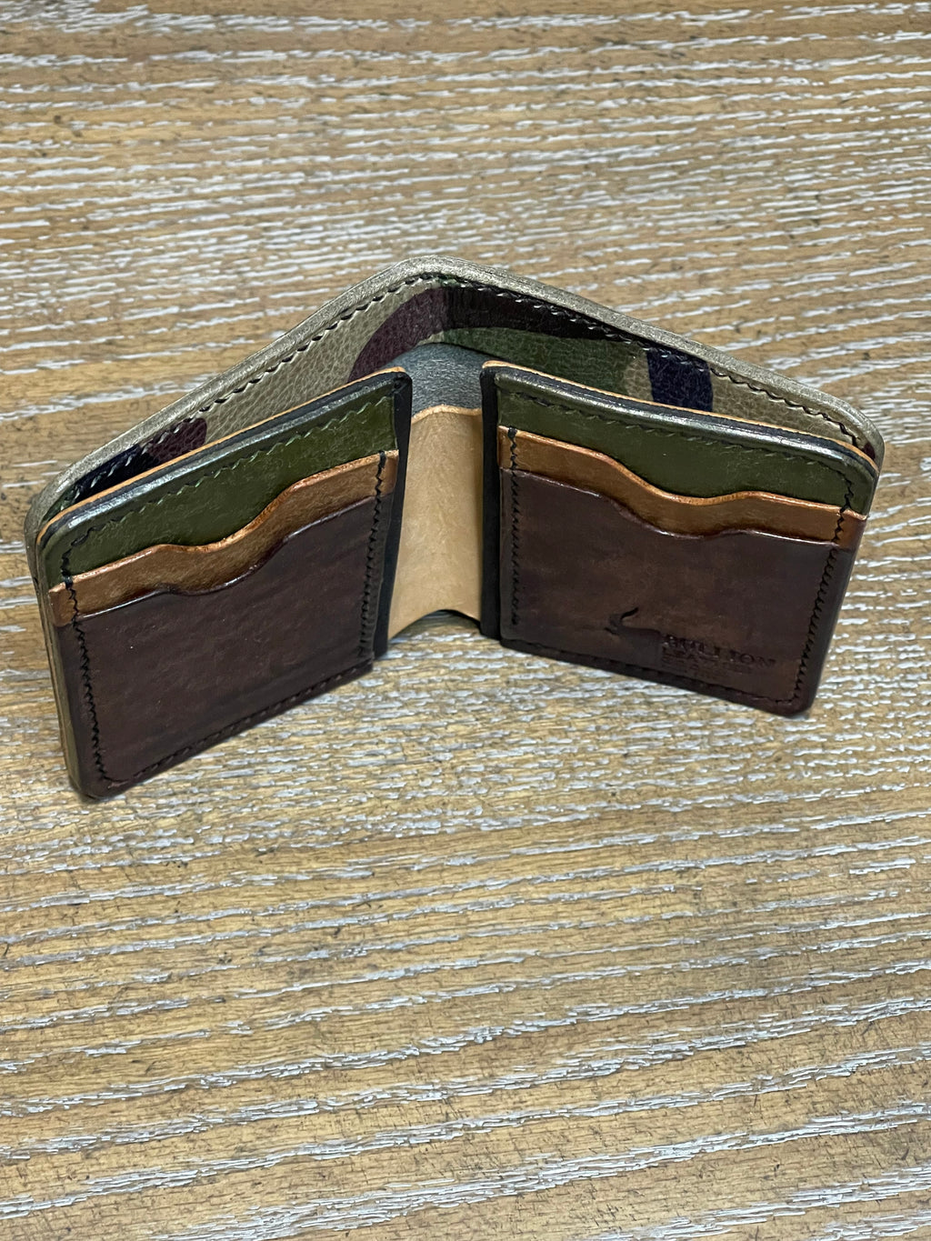 8 pocket bifold wallet with camouflage outer shell and solid Pueblo inner pockets.